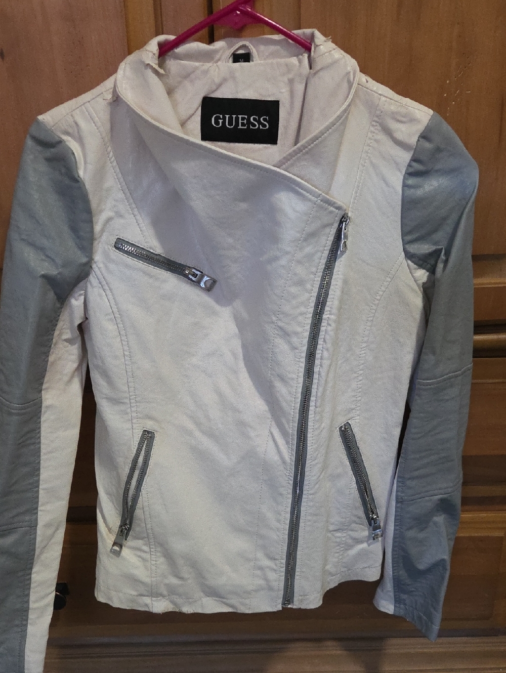 GUESS Two-Tone White & Light Gray Faux-Leather Moto Jacket Womens Medium Vintage